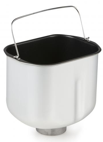 A silver bread maker pan with a handle. It's a container for making bread.