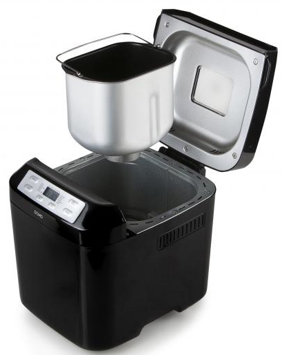 Black bread machine, top open with the bread container removed.