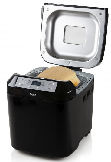 A black bread maker with an open lid. Inside is a loaf of bread. There is a control panel.