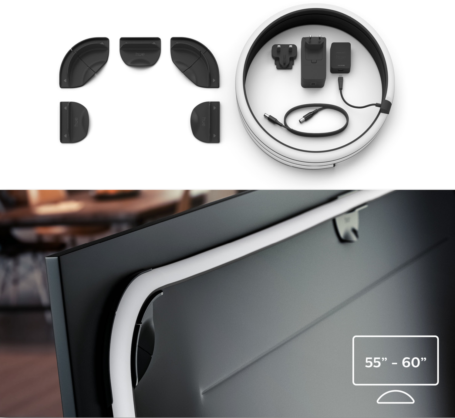 Set of smart home accessories including light strips, adapters, and connectors.