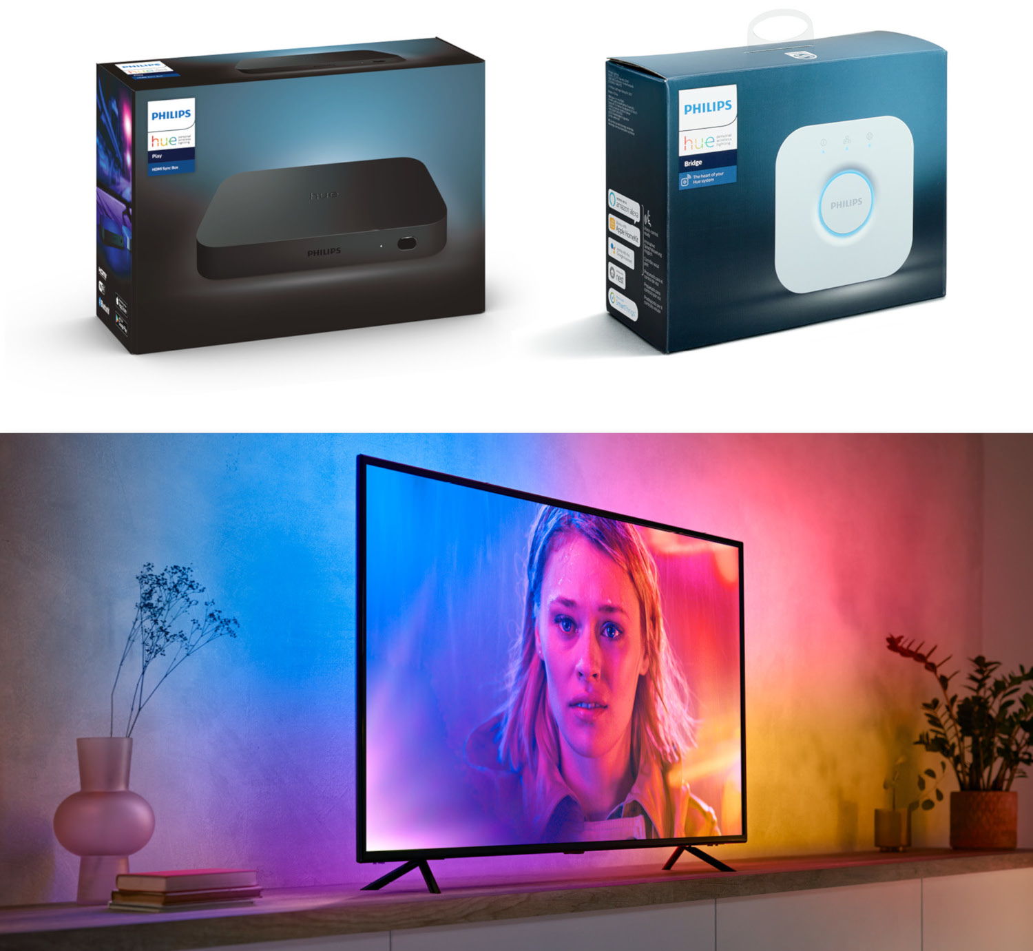 A set of Philips Hue products including bridge and sync box, and a TV with colorful lights.
