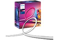 Emballage et produit Philips Hue Lightstrip, avec une TV en arrière-plan.