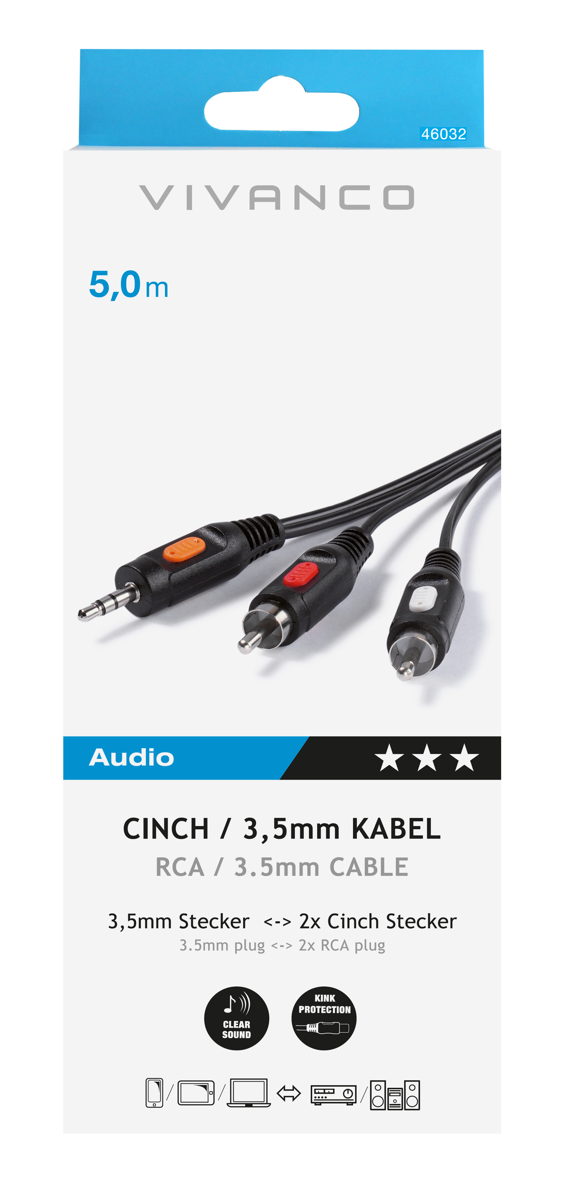 Schwarz-rote Audiokabelverpackung mit sichtbaren Anschlüssen.