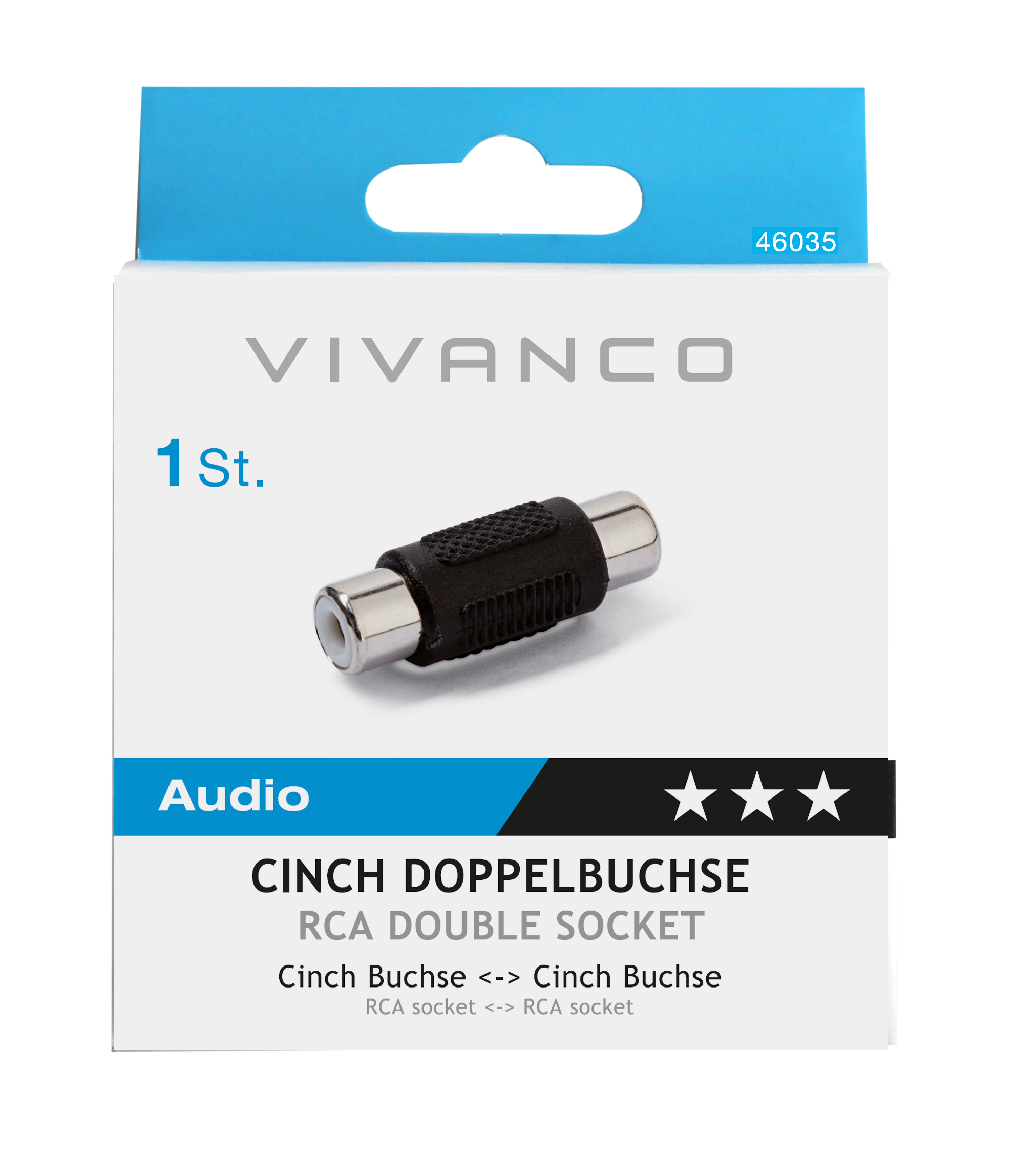 Eine schwarze Audio-Anschlussbox. Die Box hat Text darauf. Der Hintergrund ist weiß.