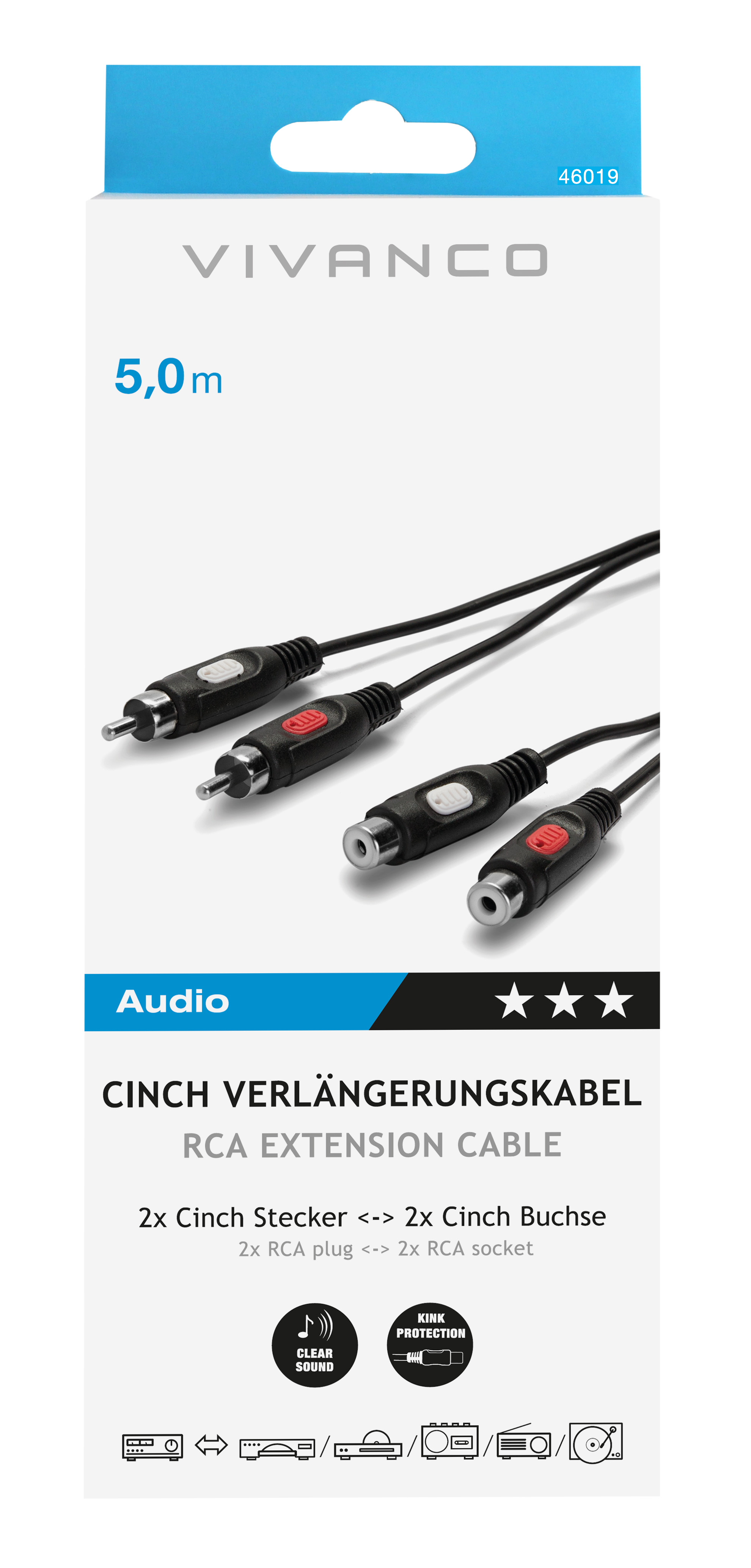 Schwarze Cinch-Kabelverpackung mit Cinch-Verlängerungskabelbeschreibung und Steckerdiagrammen.