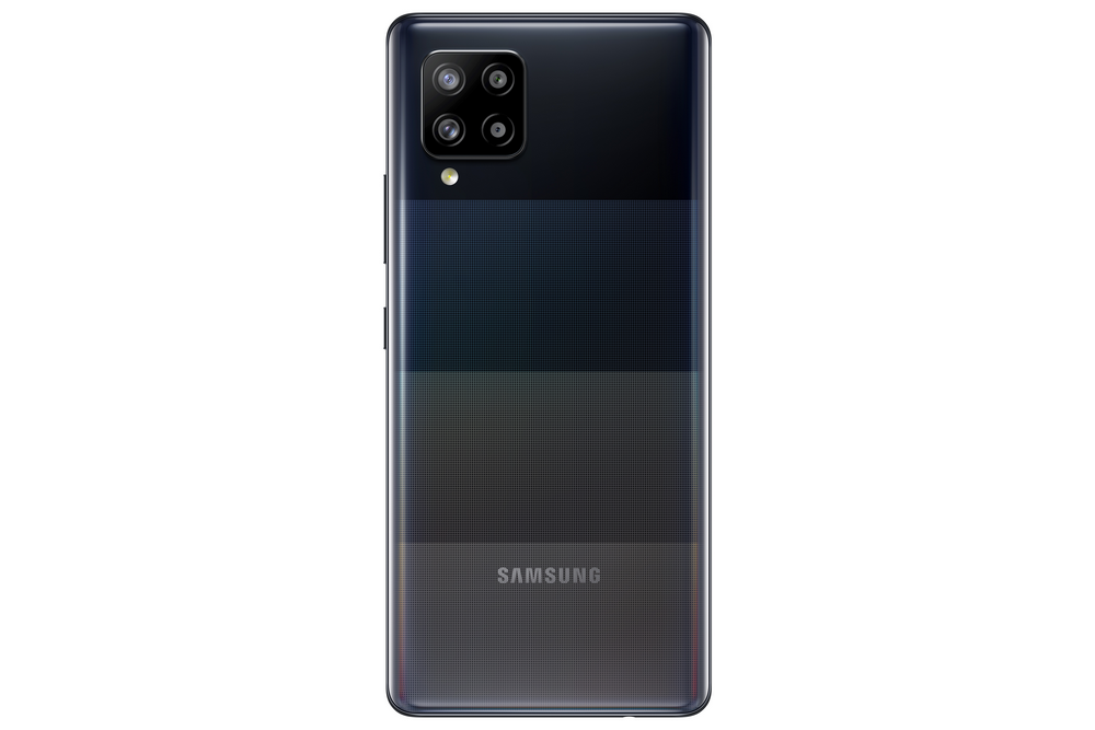 La parte trasera de un teléfono Samsung negro con un diseño multicolor.
