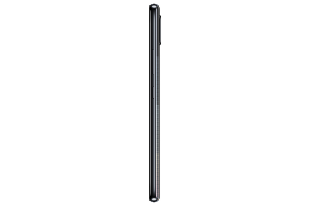 Vista lateral de un smartphone negro. La pantalla está apagada, los bordes son lisos.