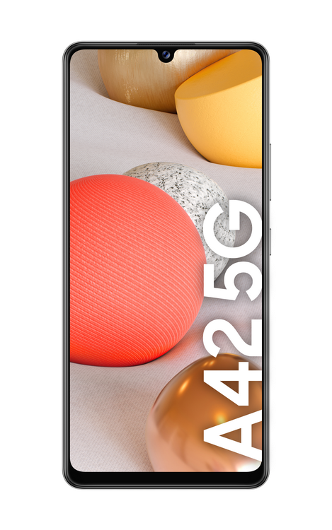 Un smartphone Samsung A42 5G muestra esferas abstractas.