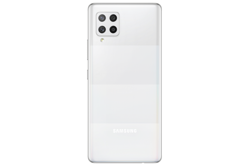 Parte trasera de un teléfono Samsung blanco. Cámara arriba, logo abajo.