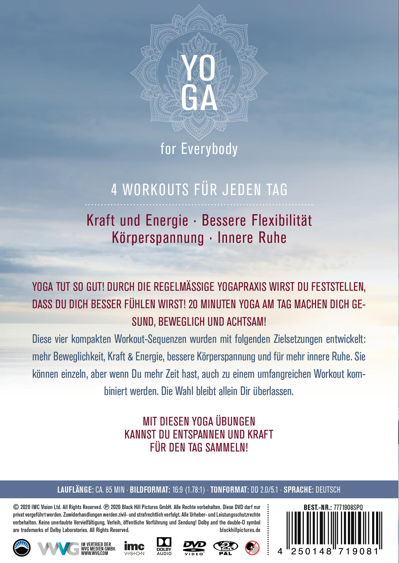 Rückseite einer Yoga-DVD-Hülle mit Text und Logo.