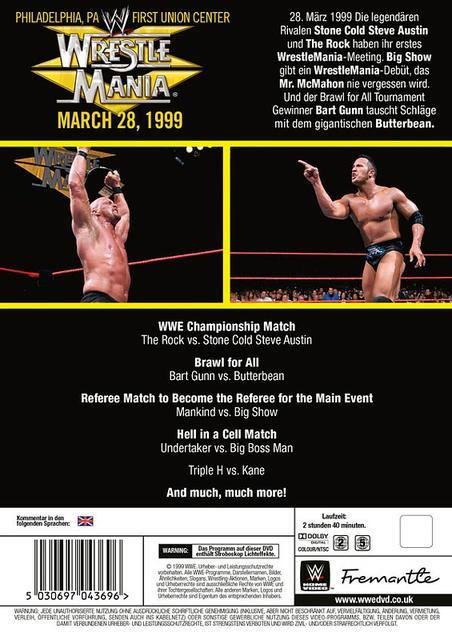 Eine DVD-Hülle mit Wrestling-Bildern und Text über WrestleMania 1999.