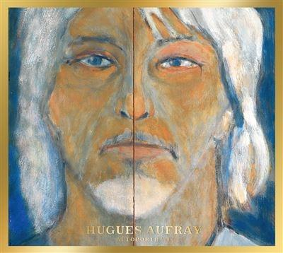 Peinture à l'huile d'un visage d'homme divisé. Il a les yeux bleus, les cheveux blancs et une moustache.
