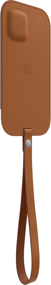 Eine hellbraune iPhone-Hülle aus Leder mit Schlaufe. Die Hülle hat ein Apple-Logo.