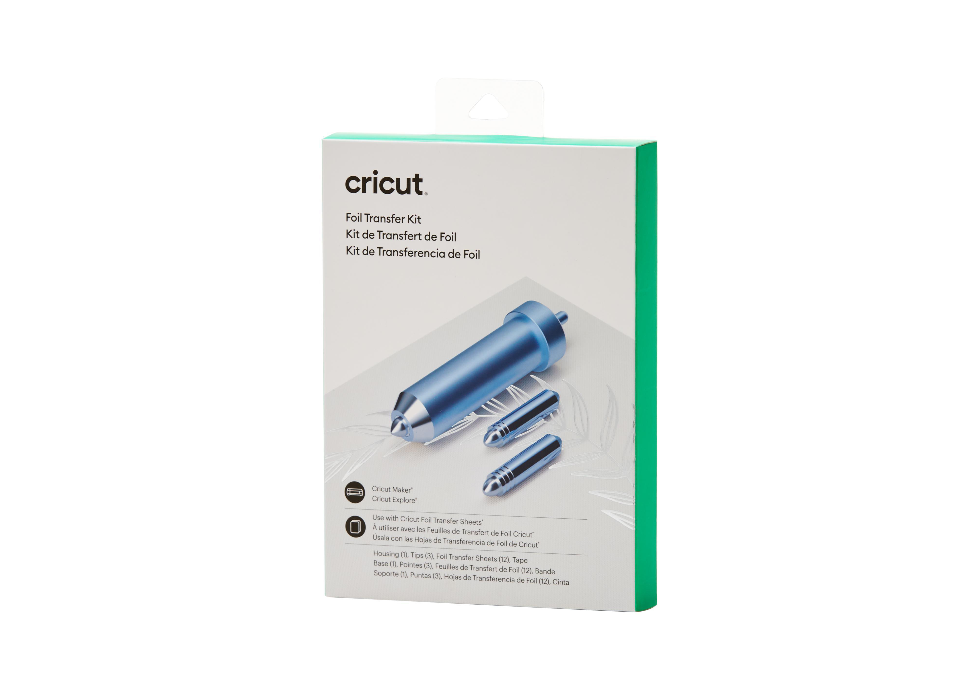 Blaue und weiße Cricut Folientransfer-Kit-Box mit Zubehör.