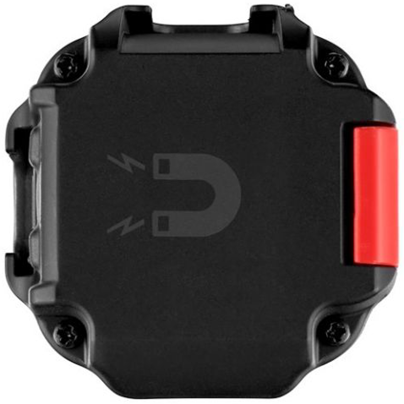 Un support de téléphone magnétique noir avec un bouton rouge et un symbole d'aimant.