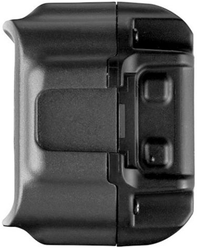 Un appareil noir, compact et rectangulaire, de forme incurvée. Il possède un loquet à l'avant.