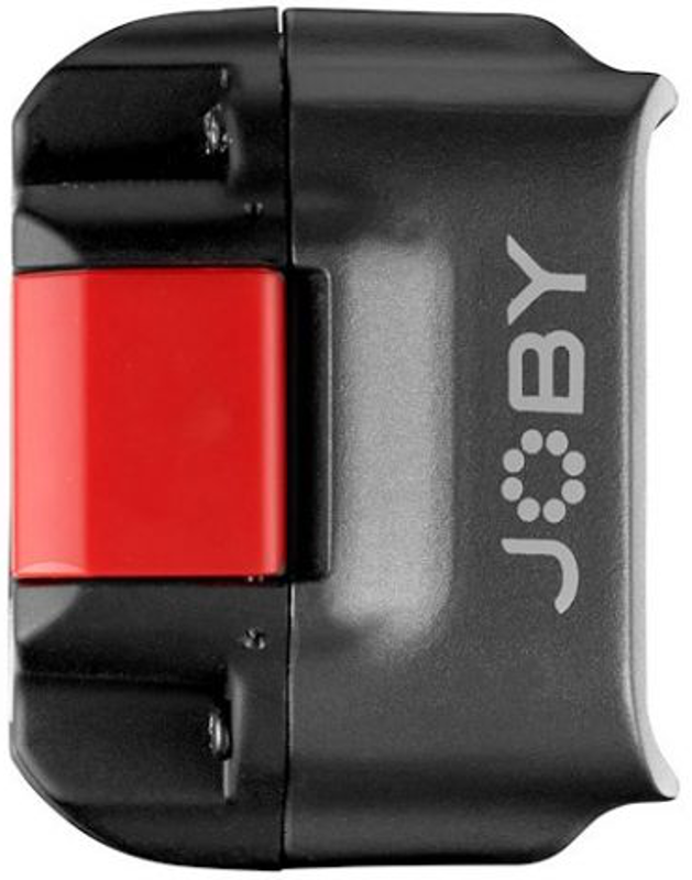 Support Joby noir avec bouton rouge, pour appareil photo ou téléphone.