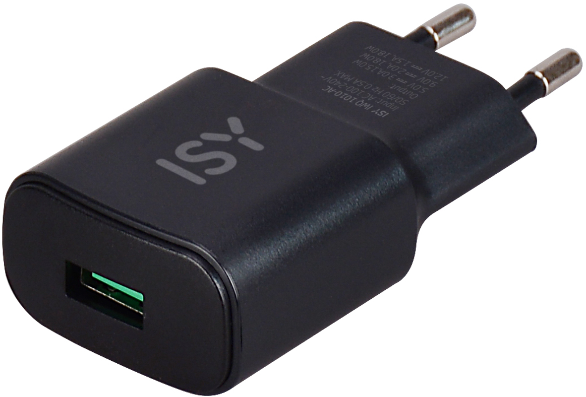 Ein schwarzes Netzteil mit der Marke 'ISY' und einem USB-Anschluss.