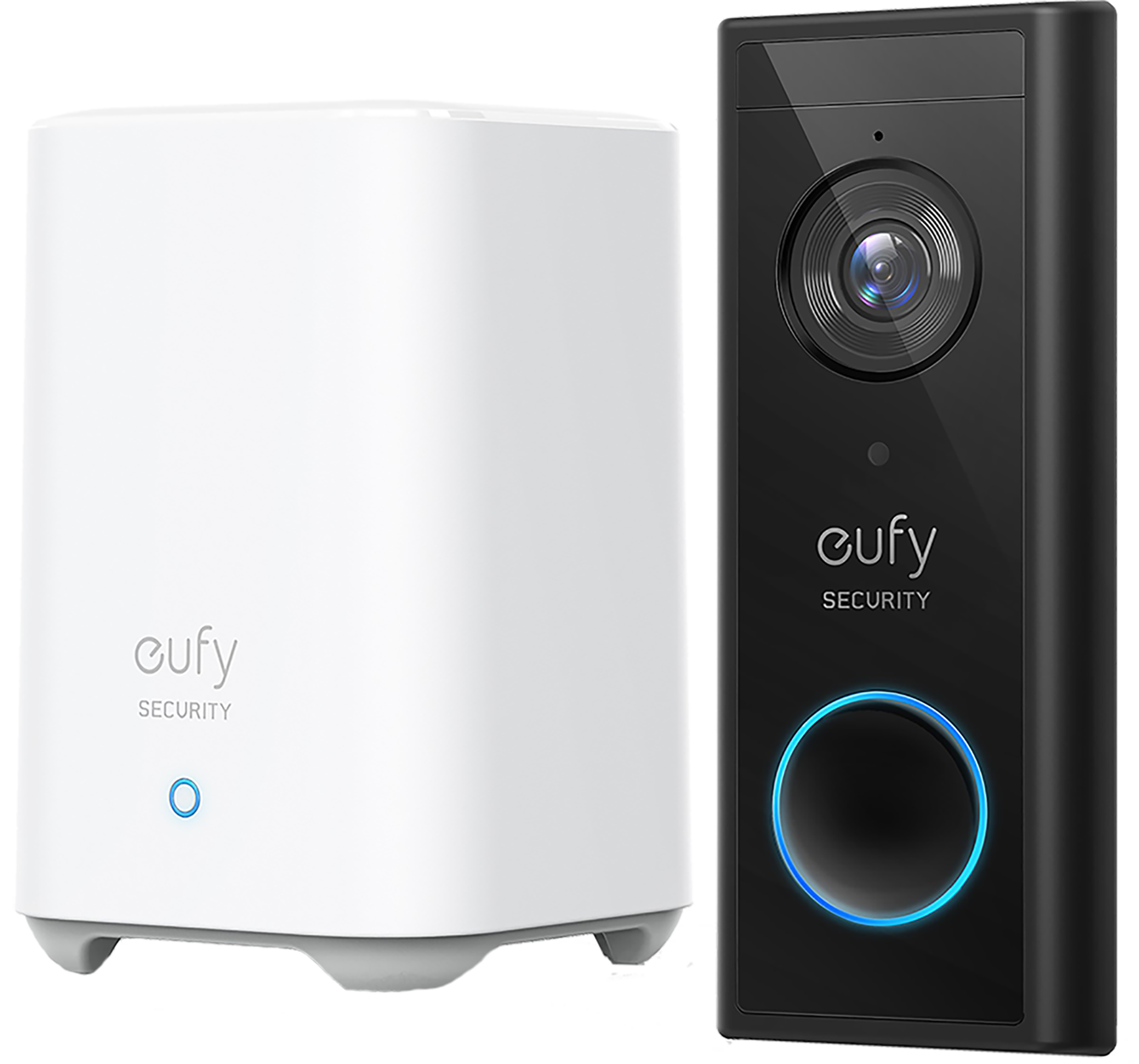 Witte eufy beveiligingsbasisunit en zwarte deurbel met een blauwe verlichte ring.