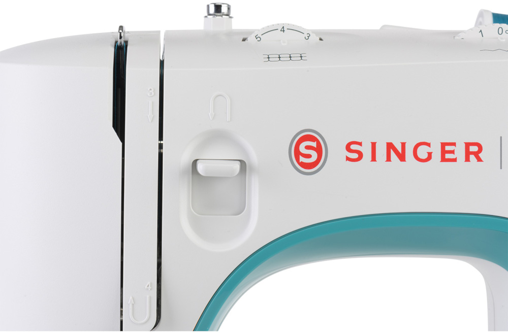 Close-up of a white sewing machine with the Singer logo and teal accents.