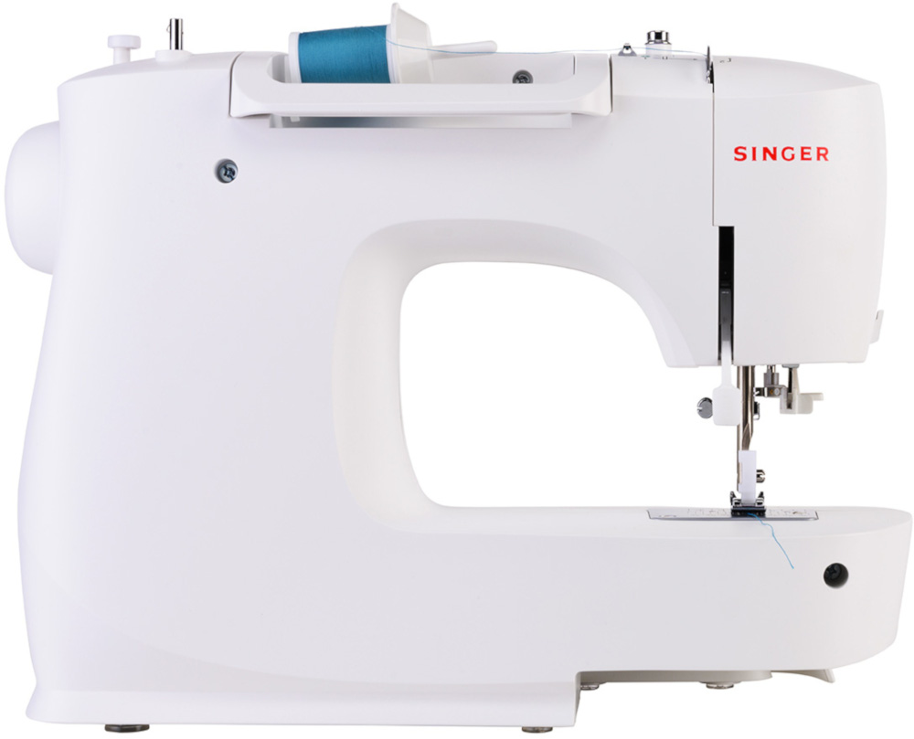 A white Singer sewing machine with blue thread on the spool holder and red Singer logo.