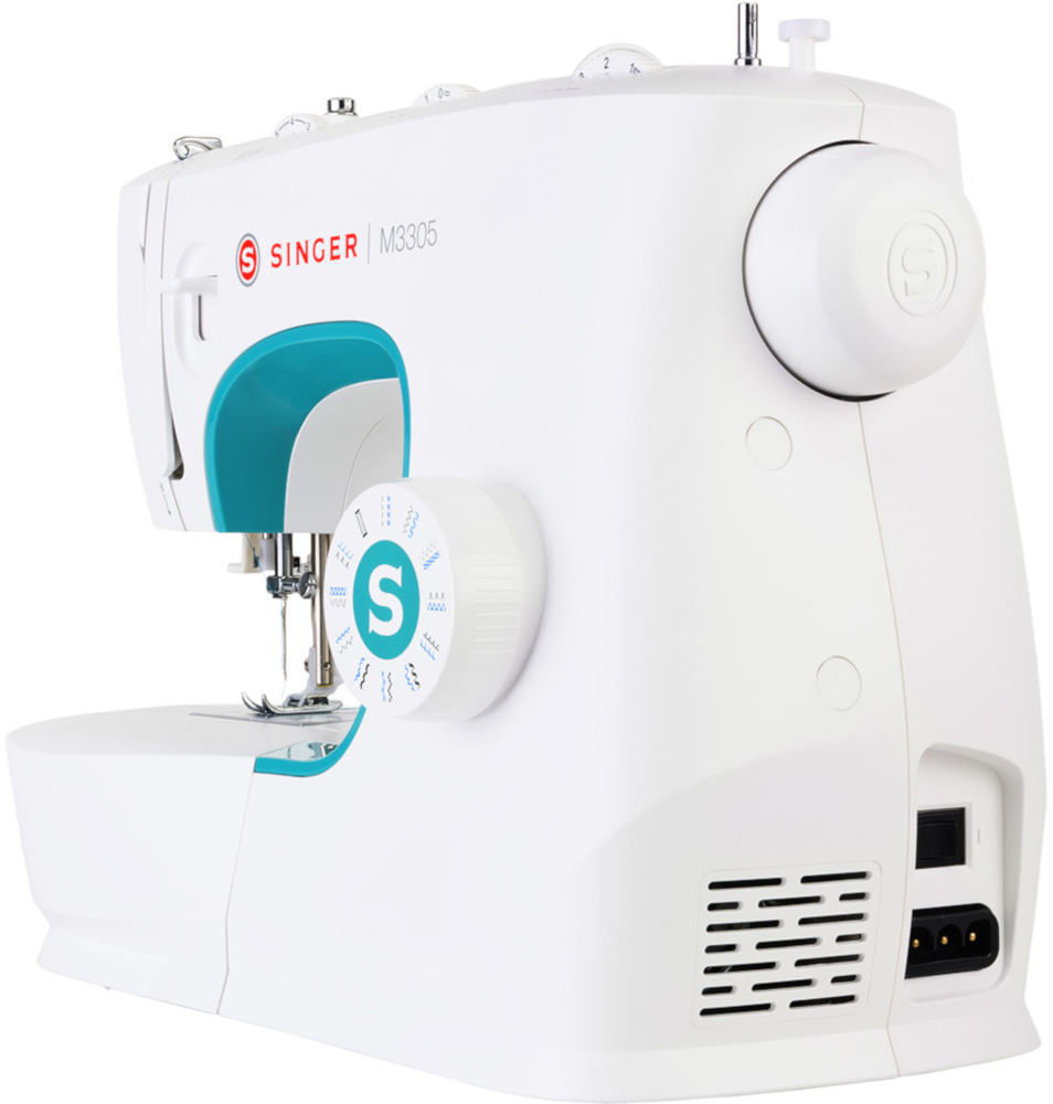 White Singer sewing machine, with turquoise accents and logo.