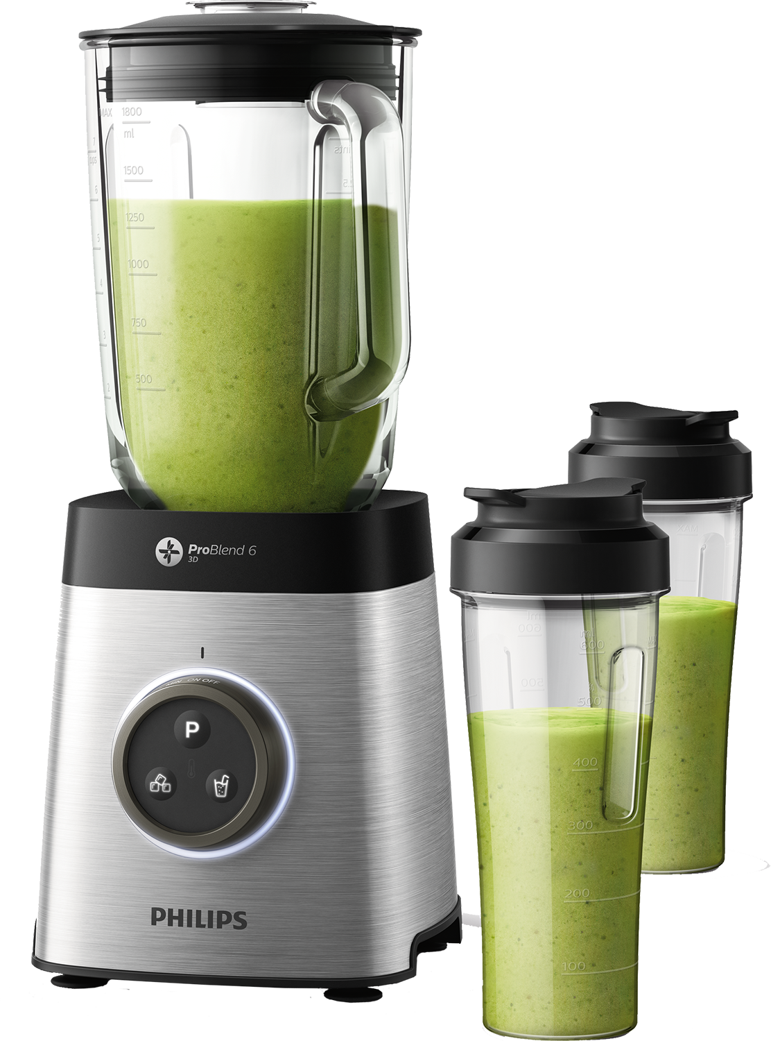 Zilveren en zwarte Philips blender met een volle blenderkan en twee extra bekers.