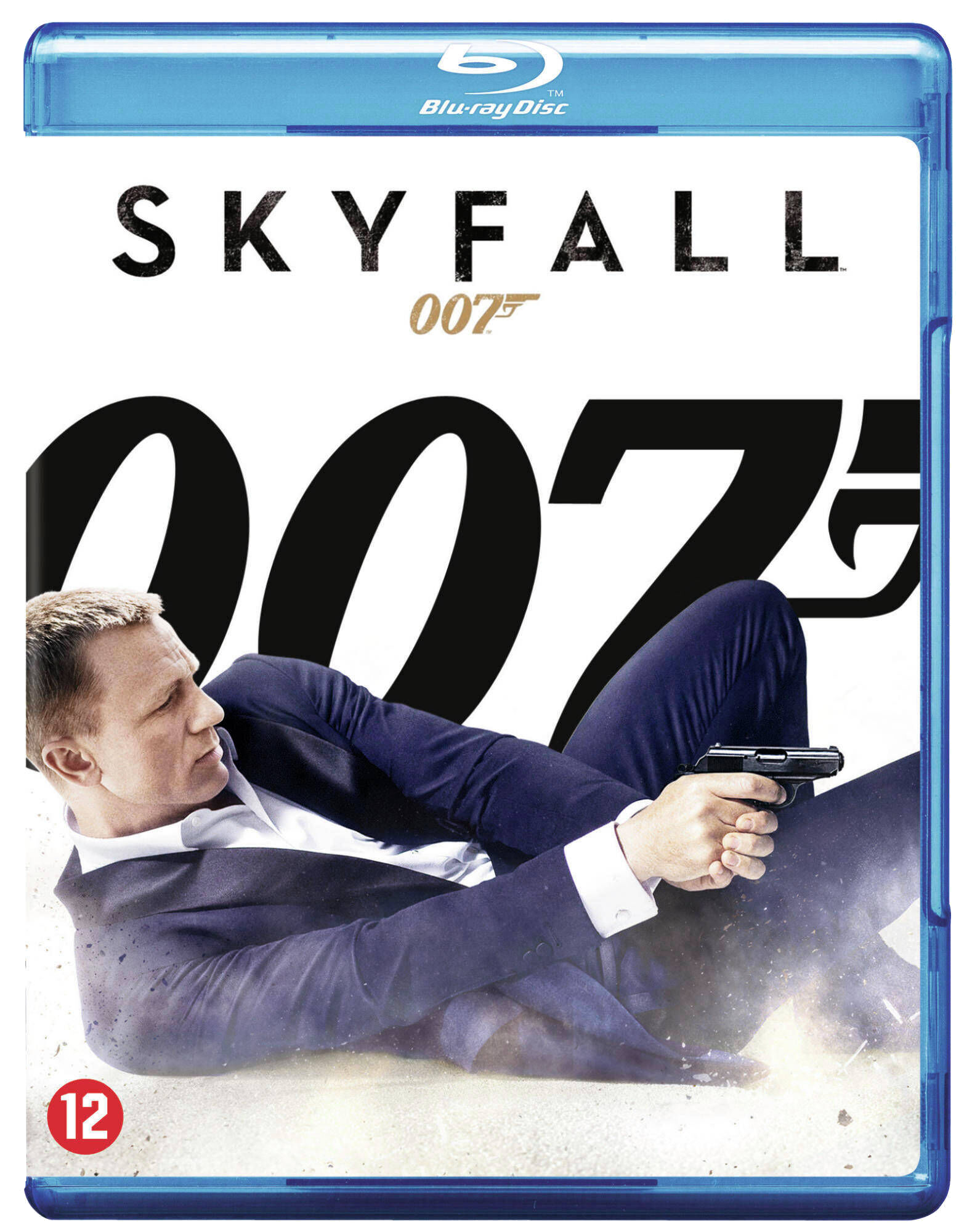 Blu-ray filmhoes. Daniel Craig met een pistool, titel Skyfall 007, blauwe achtergrond.