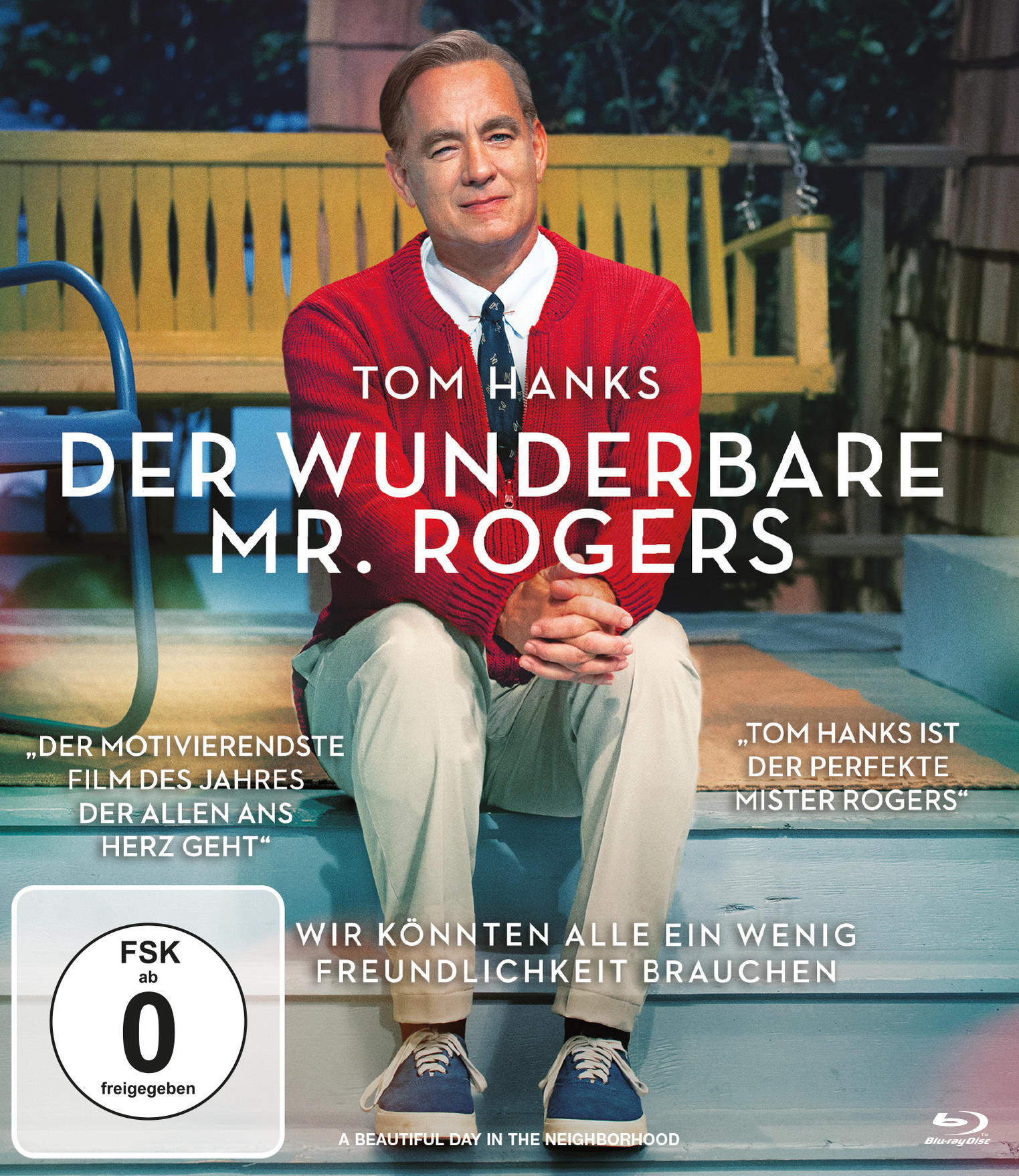 DVD-Cover von 'A Beautiful Day in the Neighborhood' mit Tom Hanks. Deutscher Text, FSK-Rating und blauer Hintergrund.