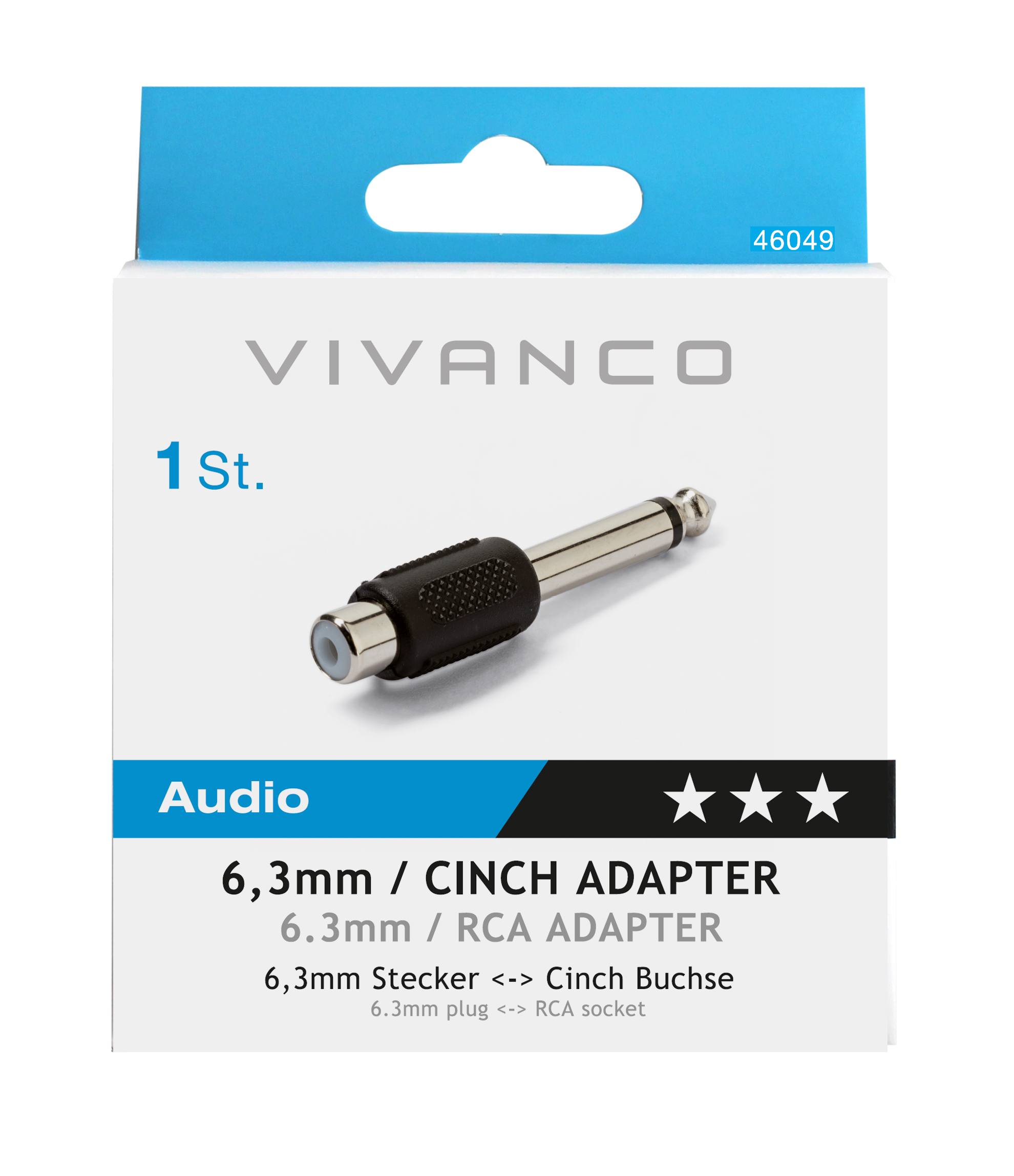 Audio-Adapter, schwarz und metallisch, in einem Karton mit Text und Sternen.