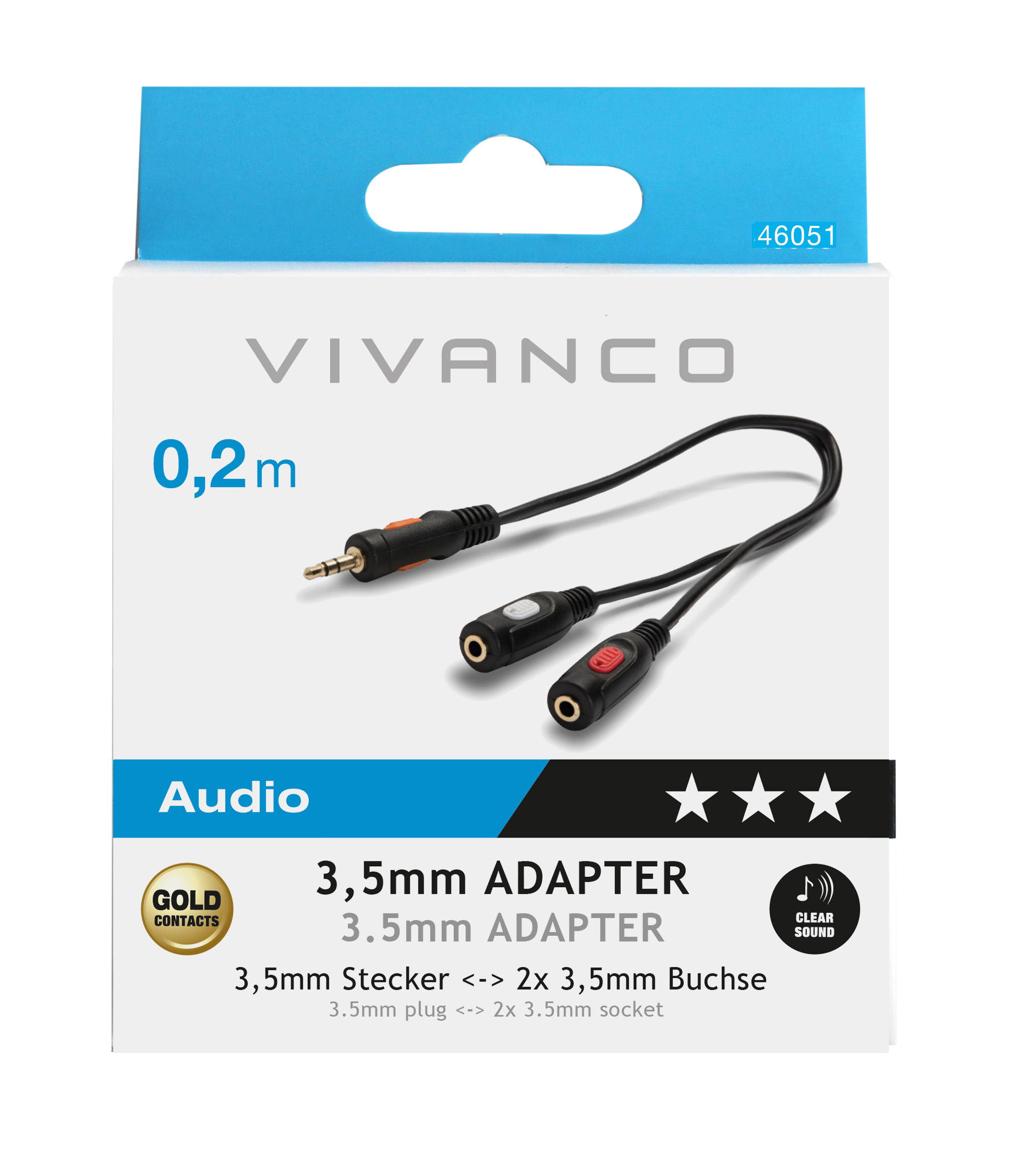 Audio-Adapterbox. Schwarzer und roter Adapter mit 3,5-mm-Steckern und -Buchsen. Marke Vivanco.