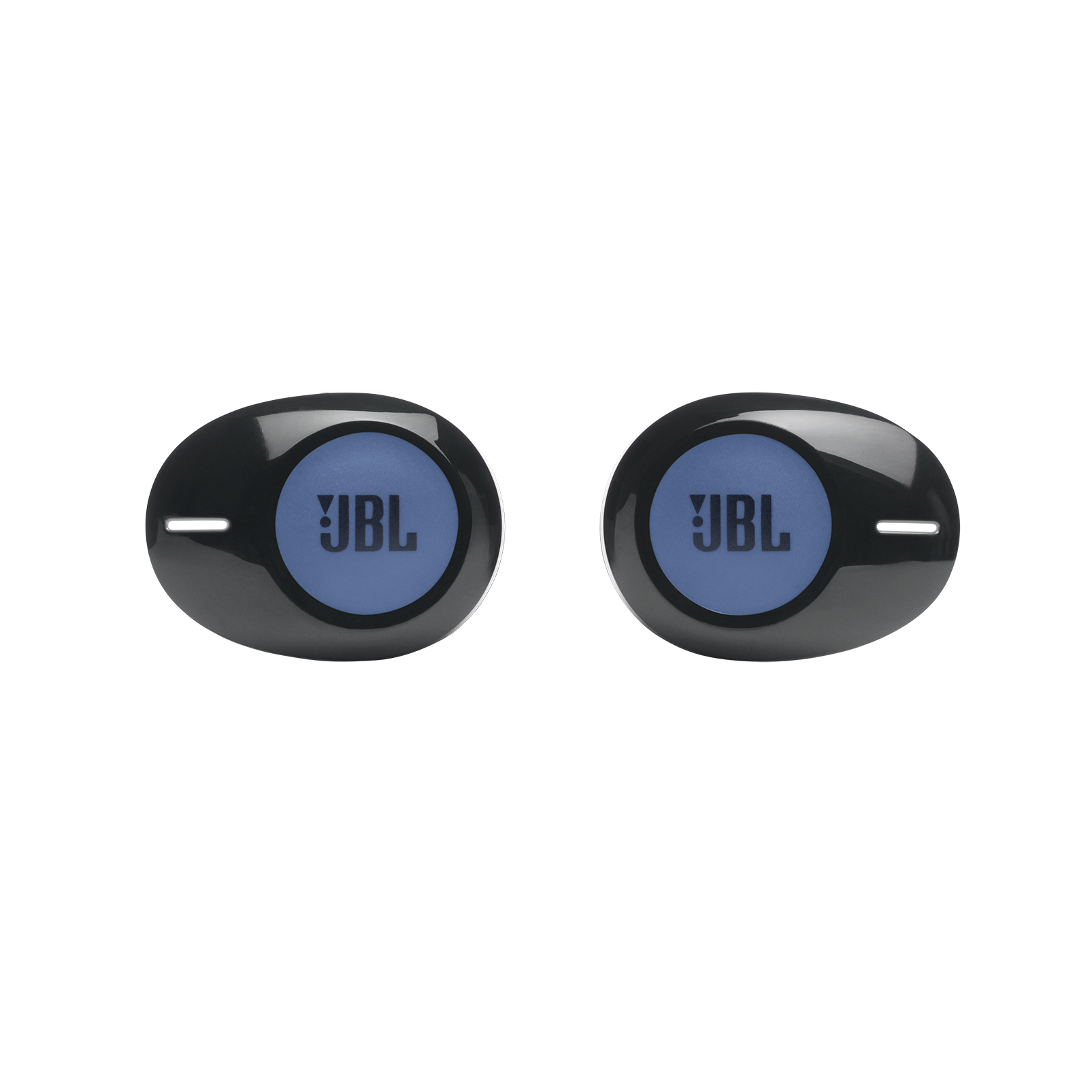 Siyah arka plan üzerinde, her biri mavi bir daire ve JBL logosu bulunan iki siyah JBL kulaklık.