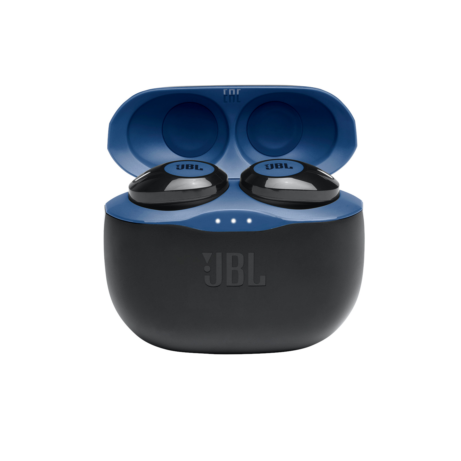 İçinde kulaklıklar olan mavi ve siyah JBL kulaklık kutusu.