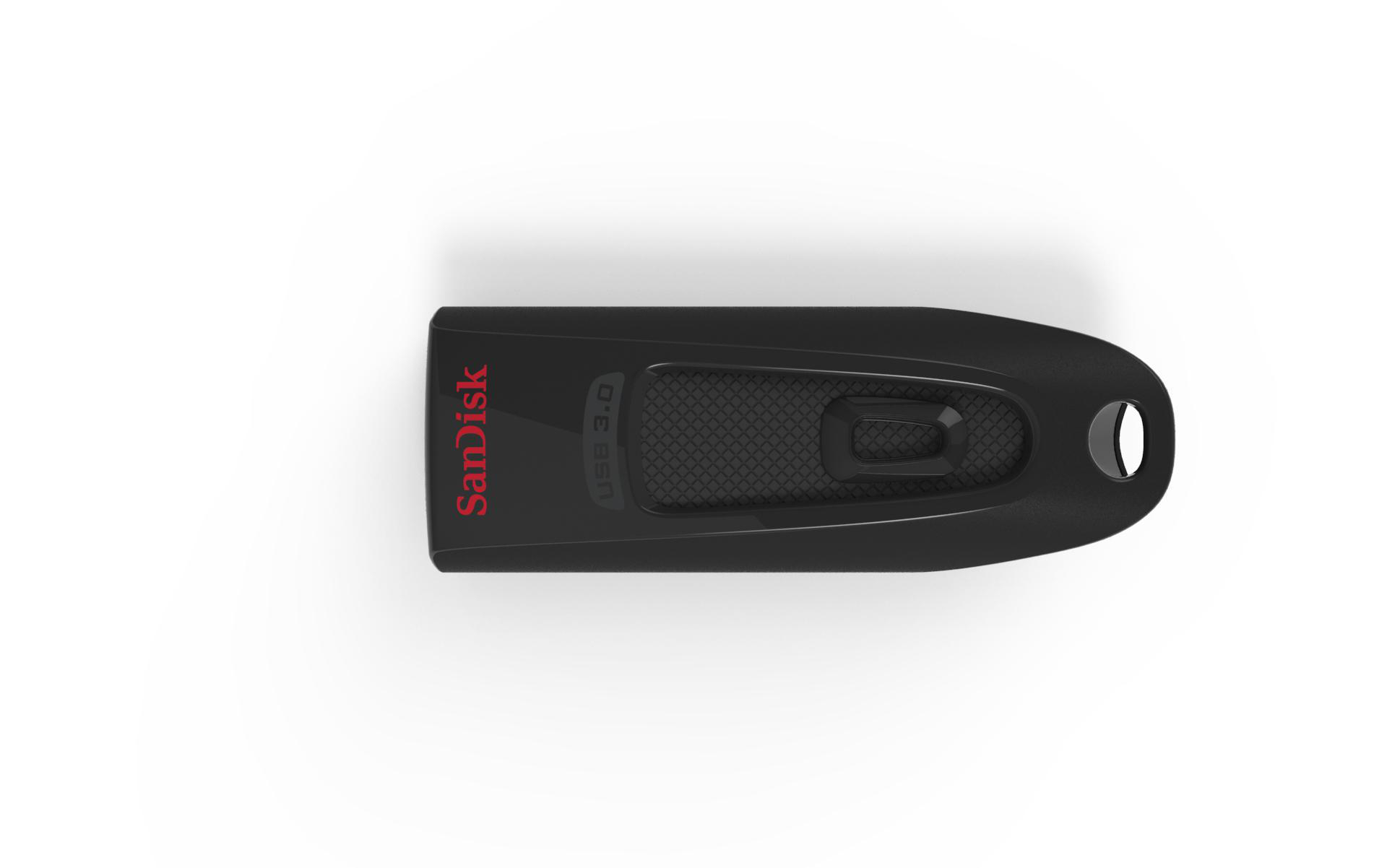 Schwarzer USB-Stick mit rotem 'SanDisk'-Text oben, weißer Hintergrund.