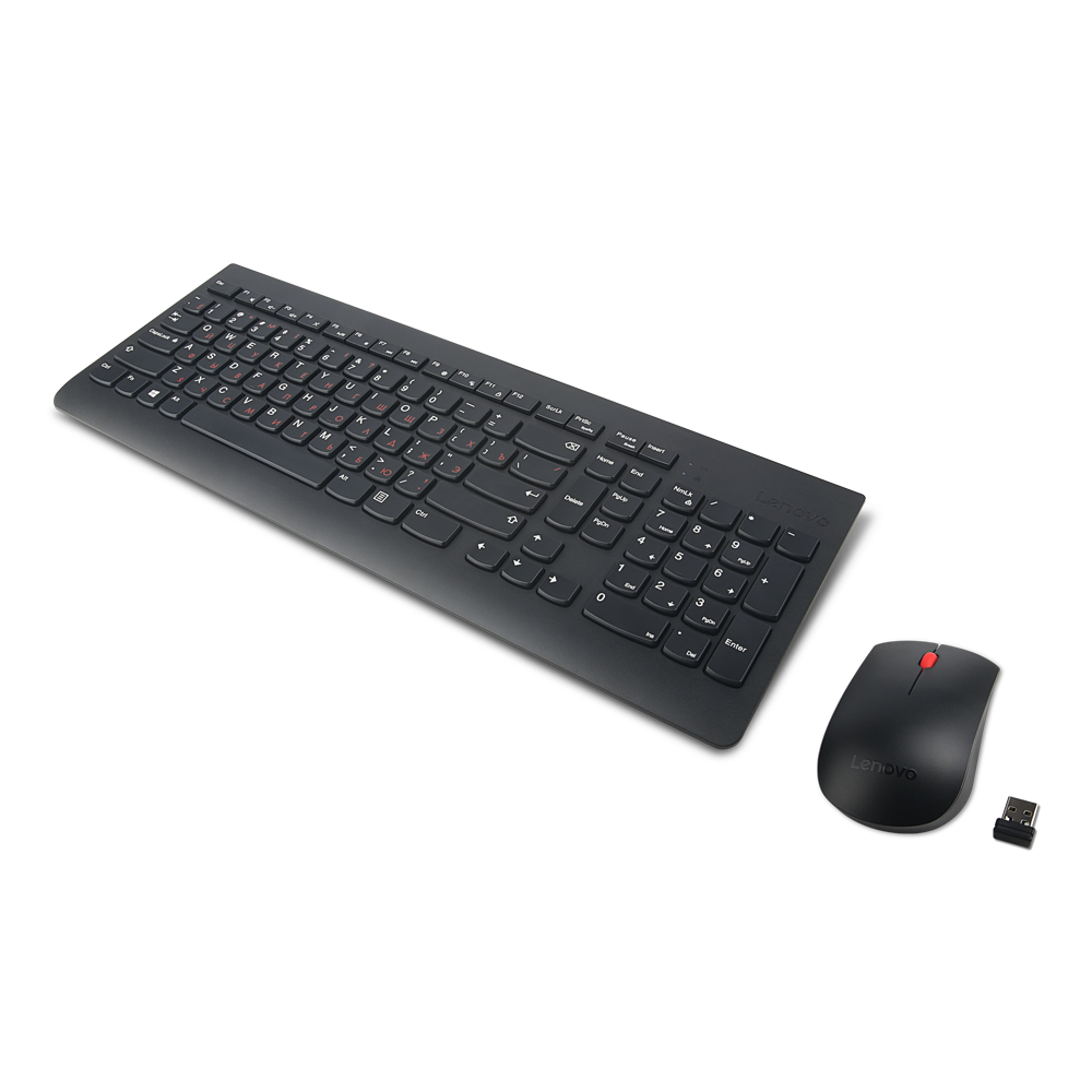 Siyah arka planda siyah Lenovo klavye ve fare seti. Farede kırmızı kaydırma tekerleği var.