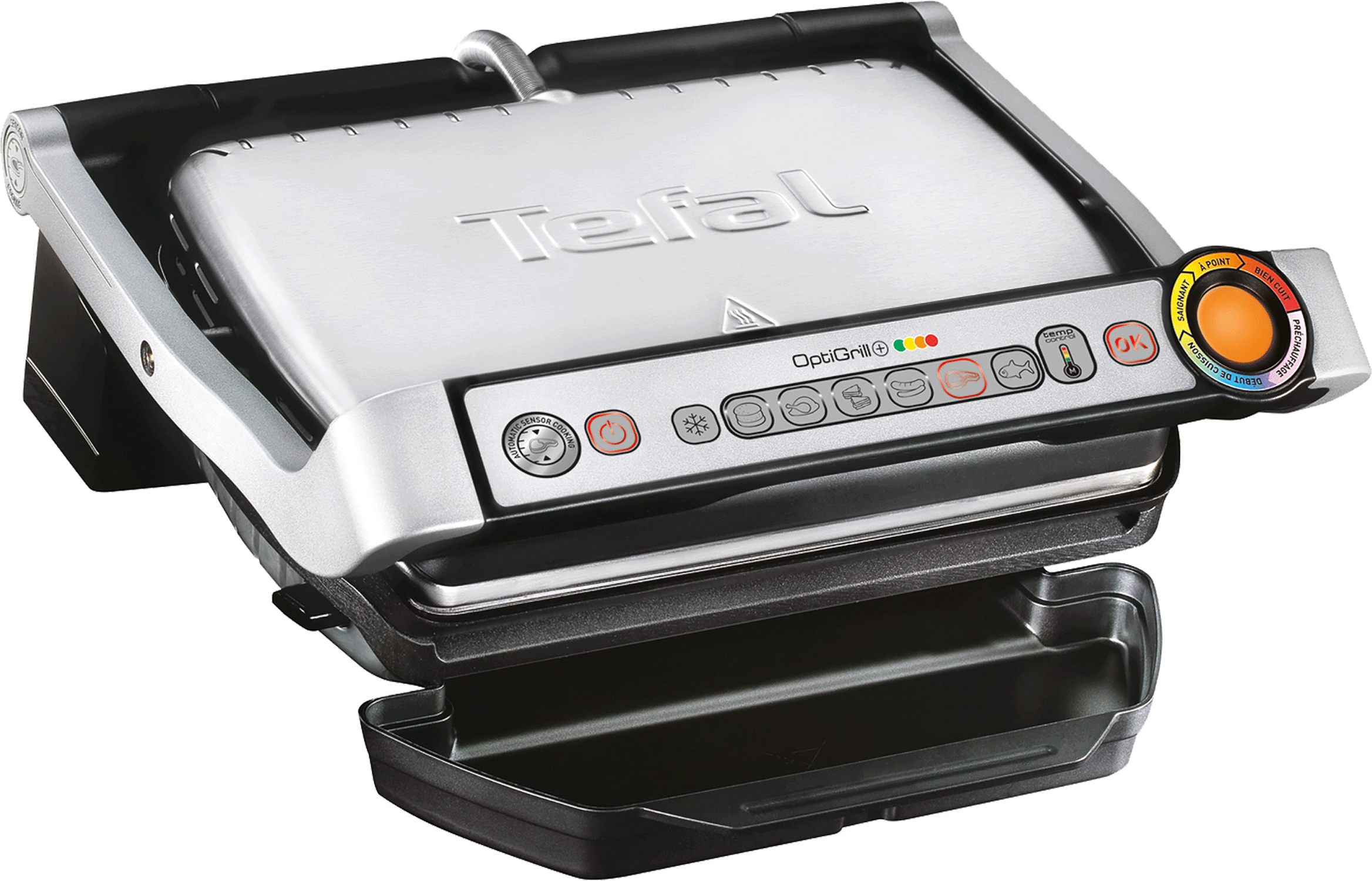 Een Tefal OptiGrill+ open. Het heeft een zilveren bovenkant en een zwarte basis met een lekbak.