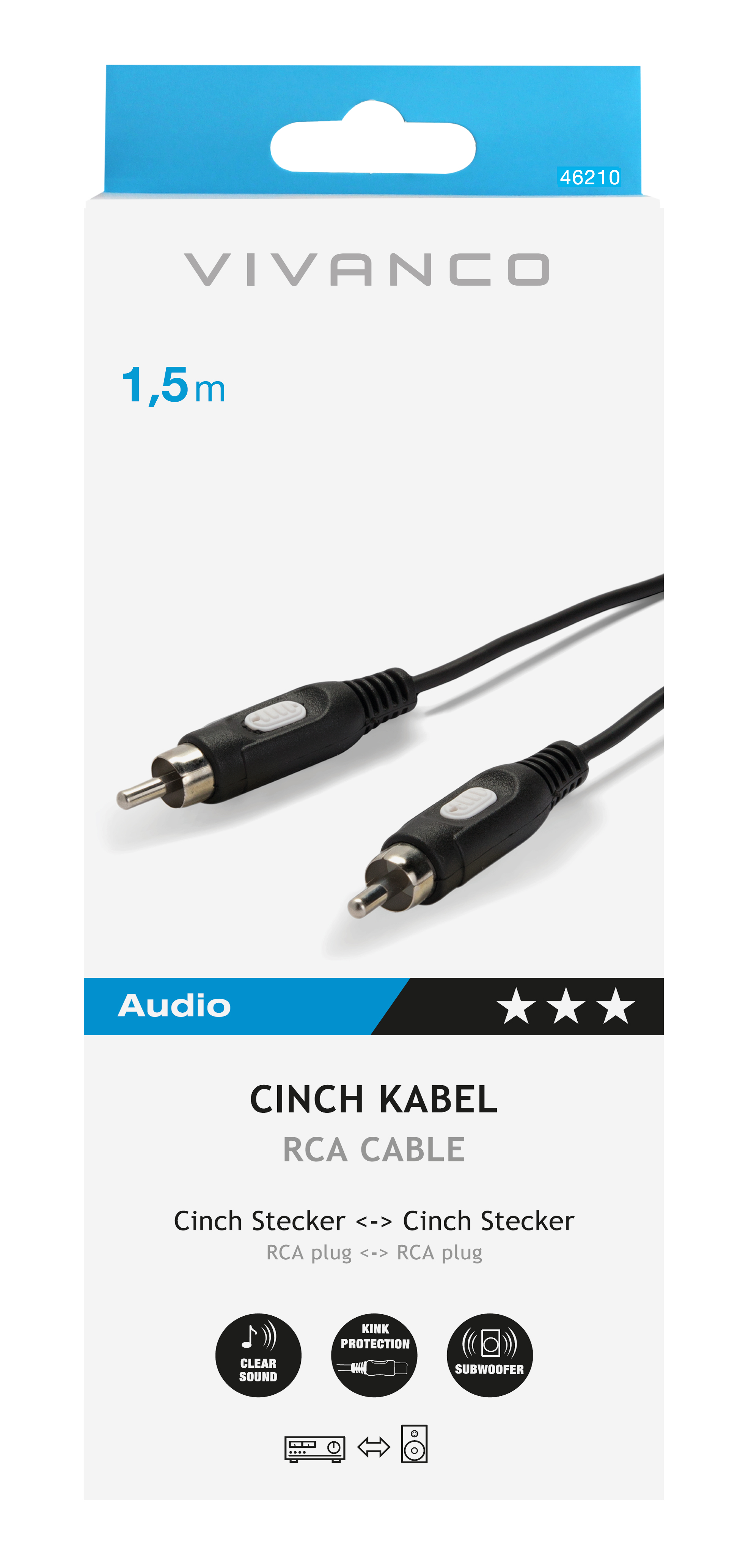 Eine Vivanco Audiokabelverpackung. Es hat ein klares Bild des Cinch-Kabels.
