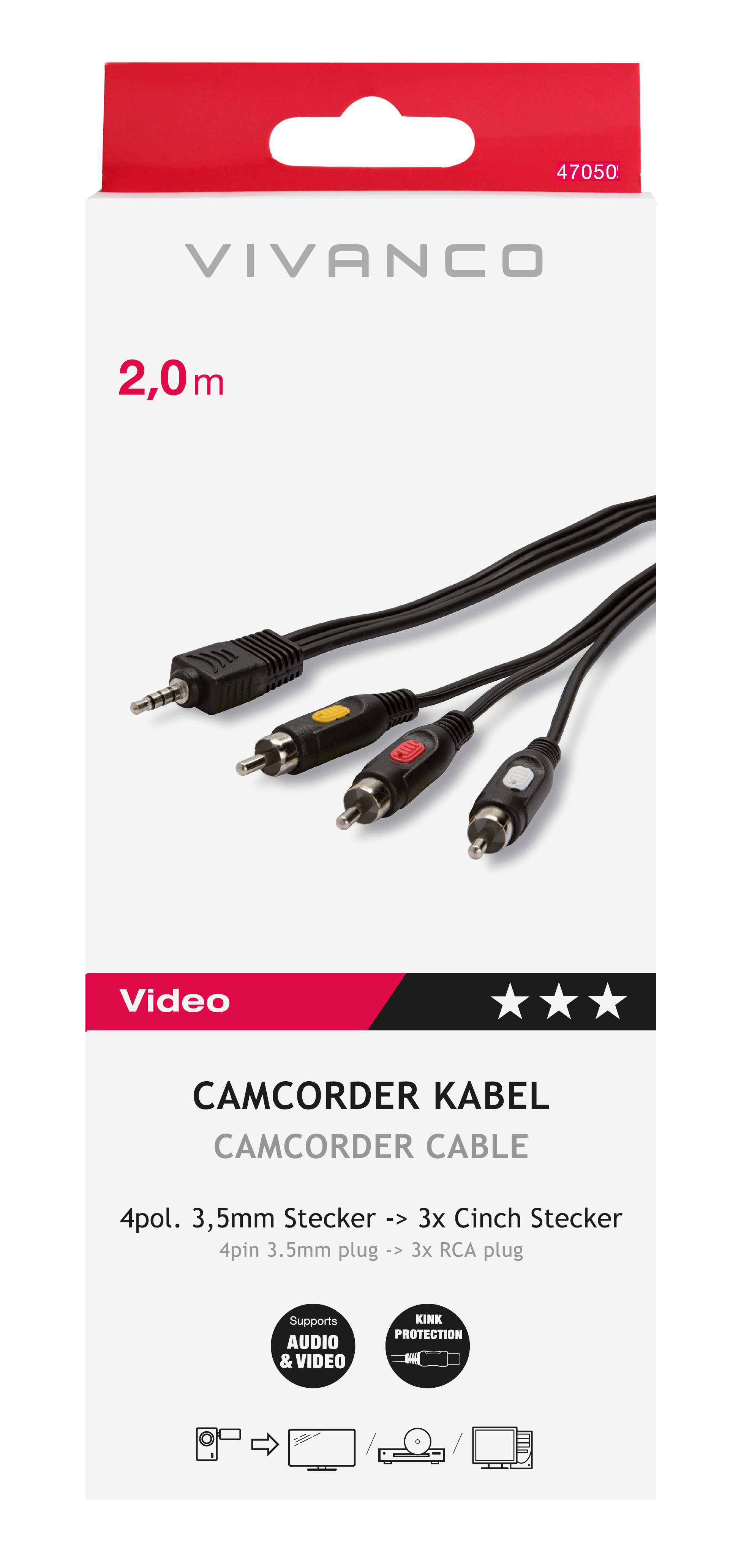 Paket eines 3,5-mm-auf-3x-Cinch-Kabels mit Anschlussdiagrammen.