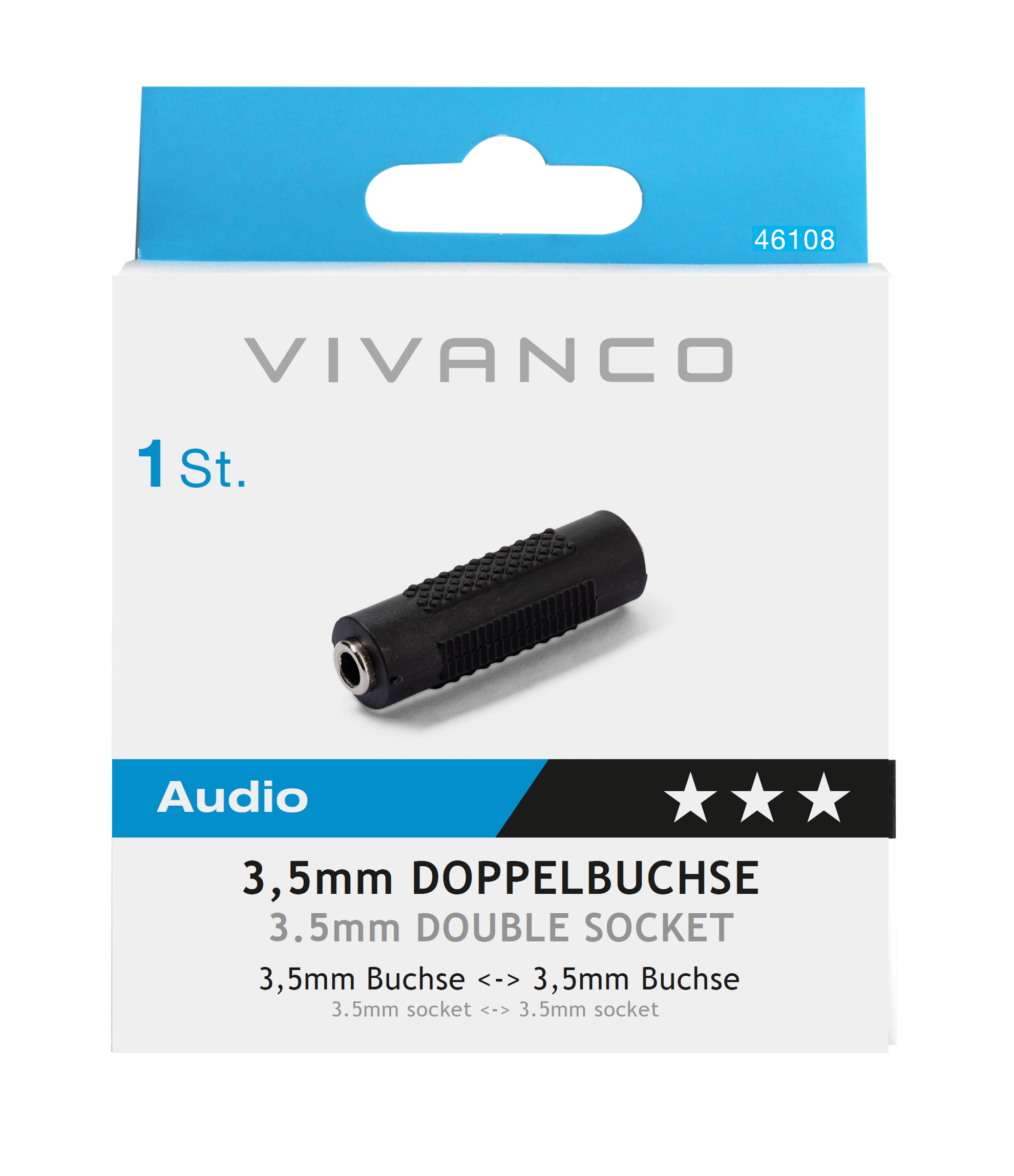 Ein schwarzer Audioadapter mit 3,5-mm-Doppelbuchse auf einer weiß-blauen Box.