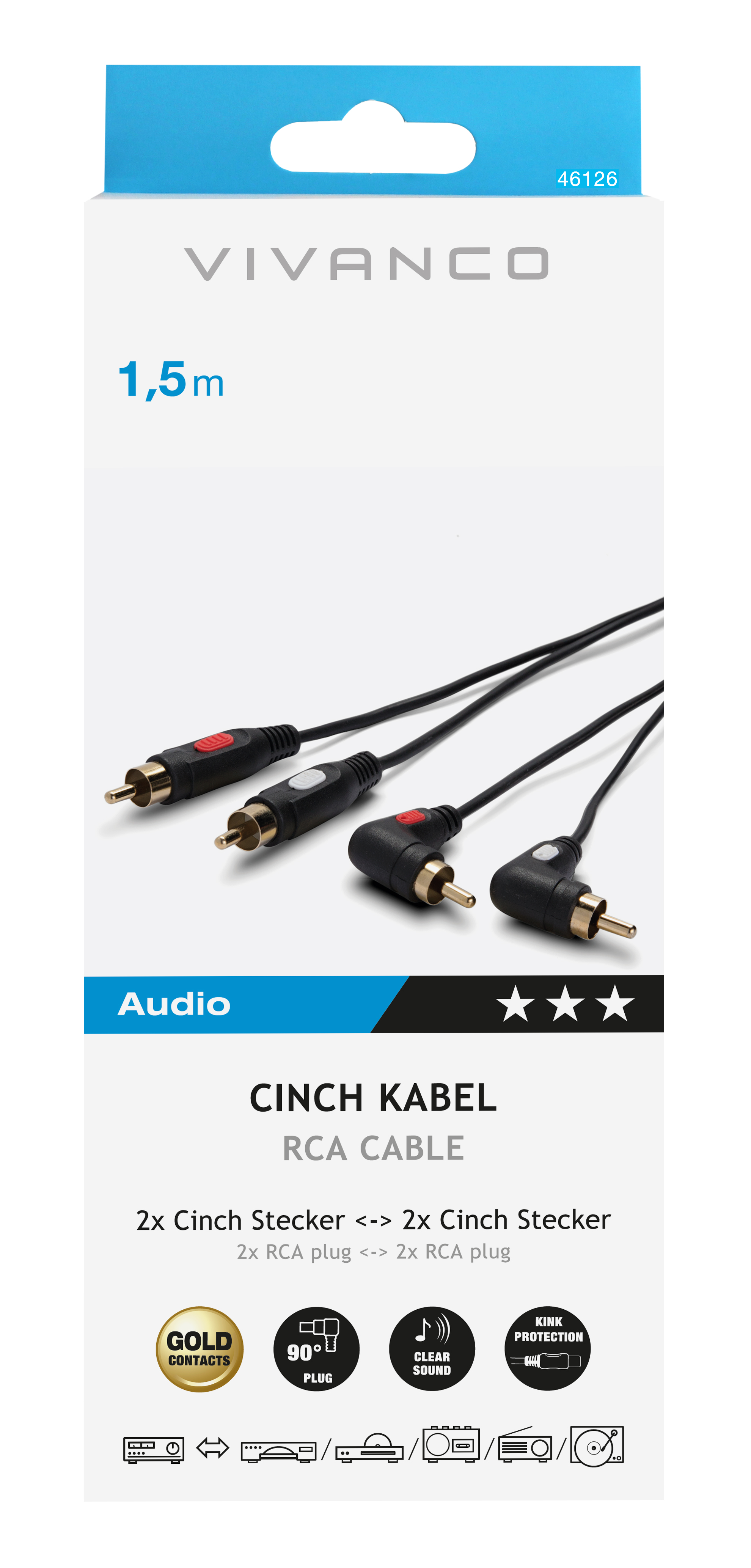 Vivanco Audio-Kabelverpackung, weiße, schwarze und rote Anschlüsse.