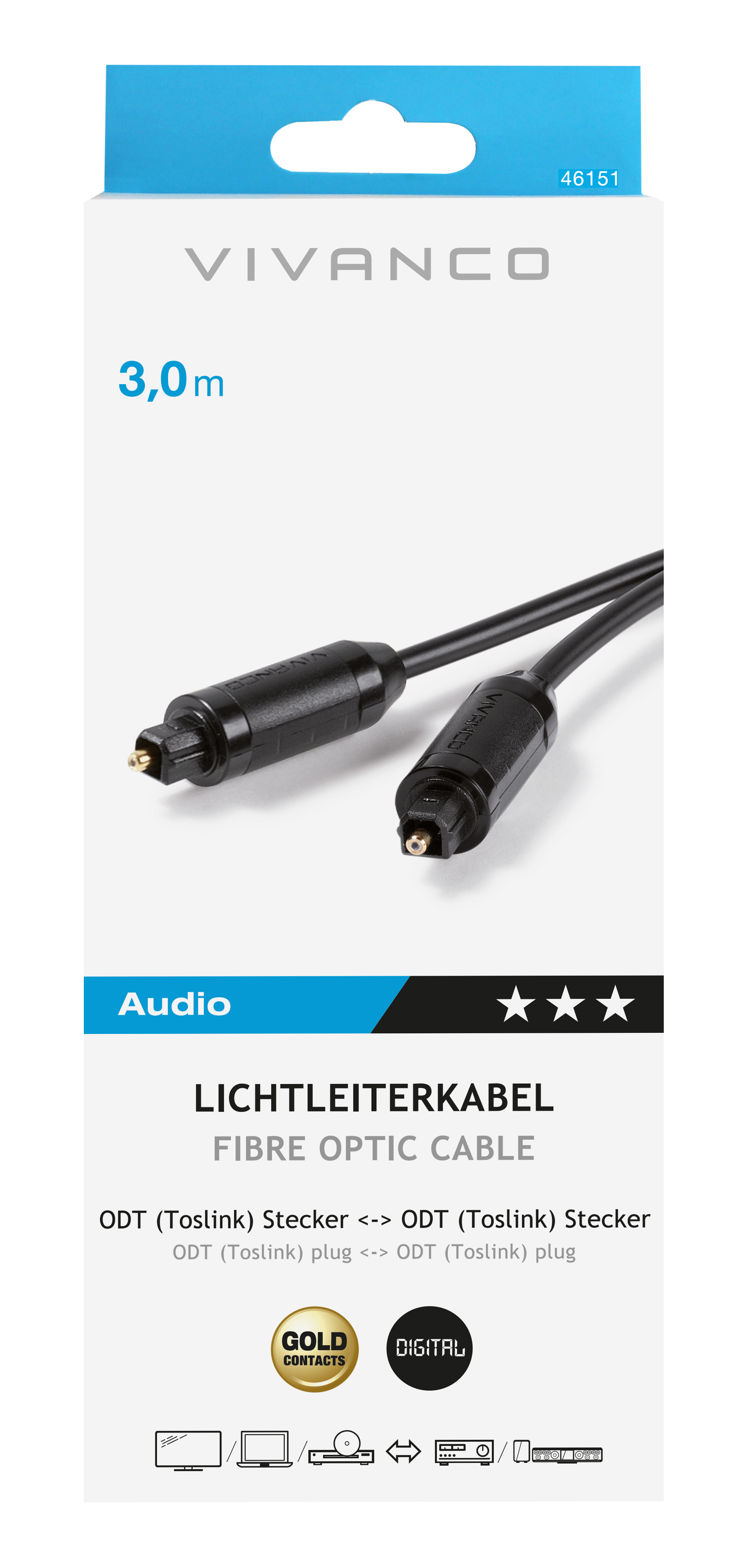 Schwarzes Glasfaserkabel in einer weißen Box mit Produktinfo.