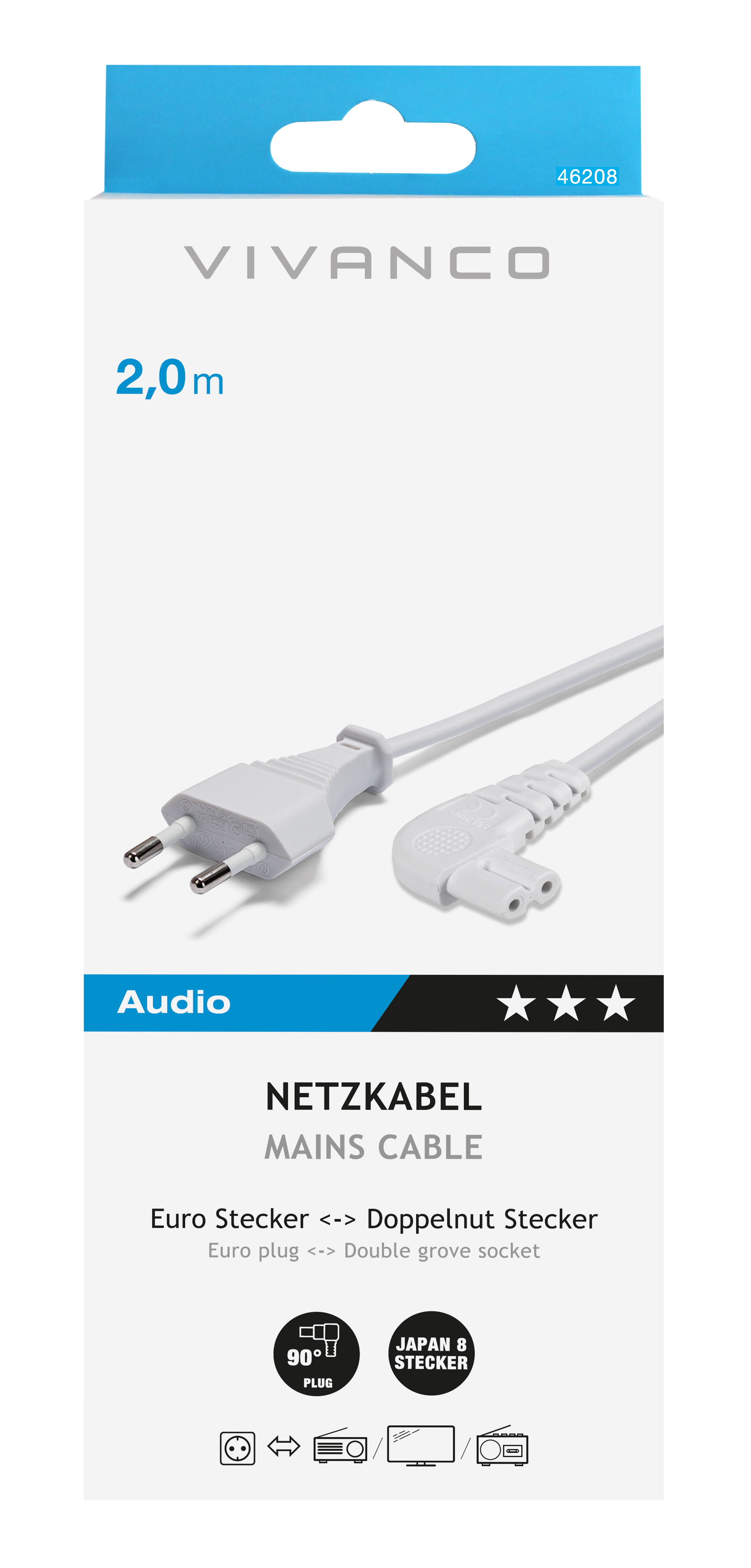 Weiße Vivanco Netzkabelverpackung, mit einem Netzkabel im Inneren. Text enthält 'Audio' und 'Netzkabel'.