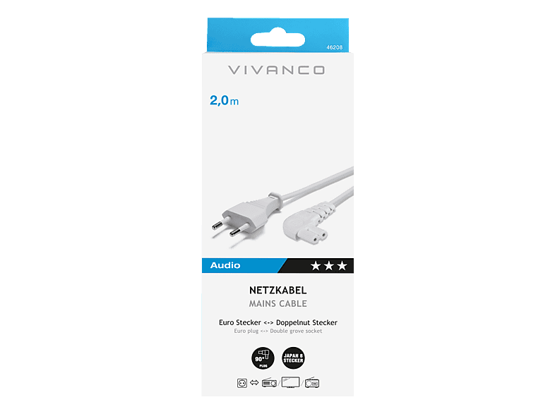 Vivanco 46208 Netzkabel mit Winkelstecker, 2m; Netzanschlussleitung — Foto 2 von 2