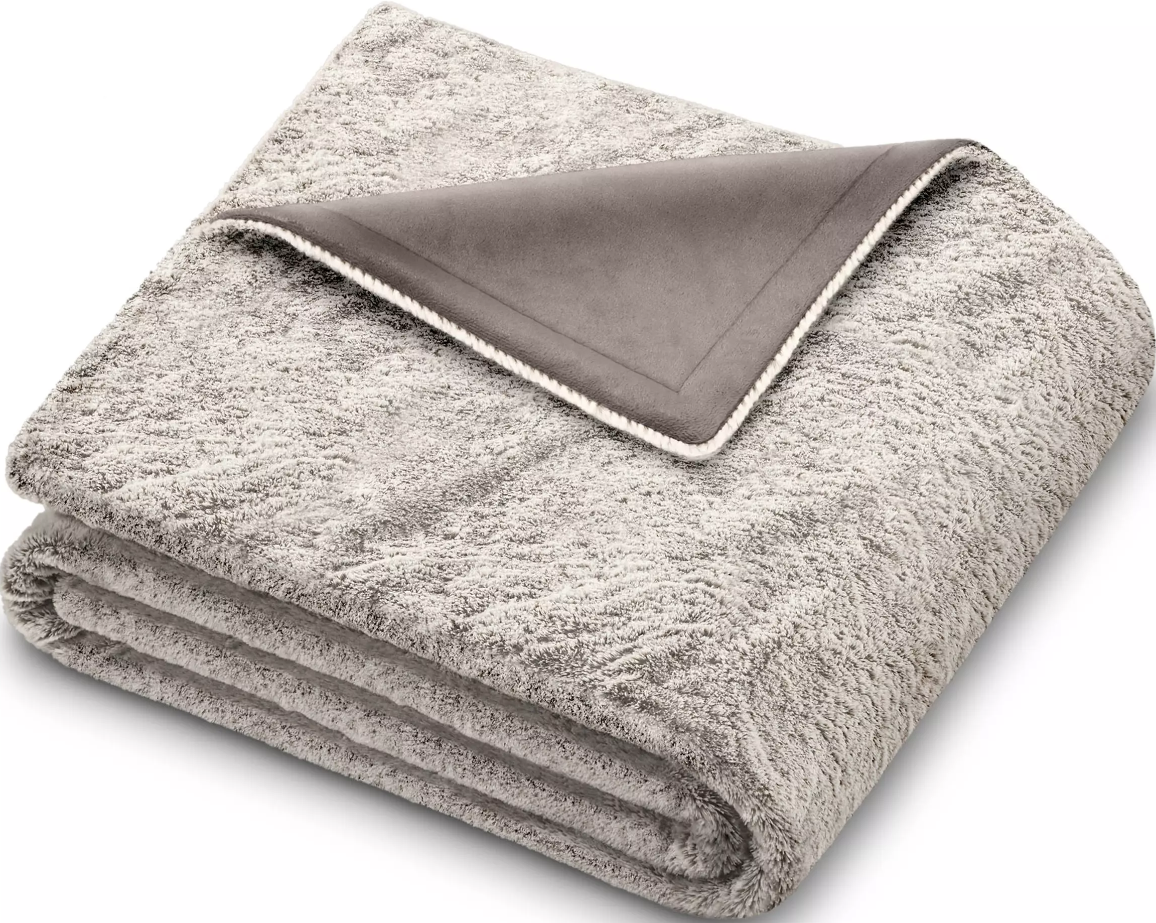 Couverture grise pliée avec une bordure blanche. Montre une surface grise, douce et texturée.