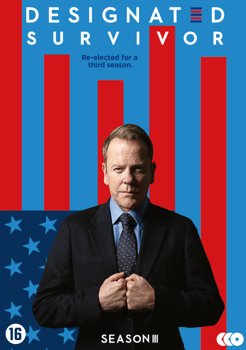Poster voor de tv-serie Designated Survivor. Kiefer Sutherland staat voor de kleuren van de Amerikaanse vlag.