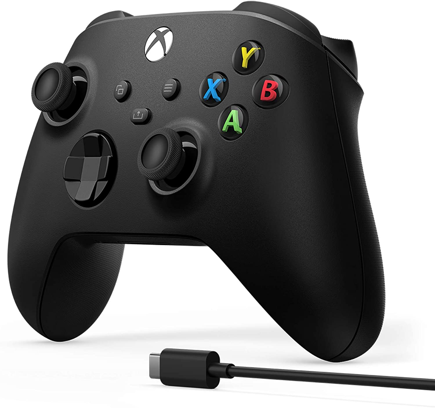 Manette Xbox noire avec boutons colorés et un câble usb-c. Fond blanc.