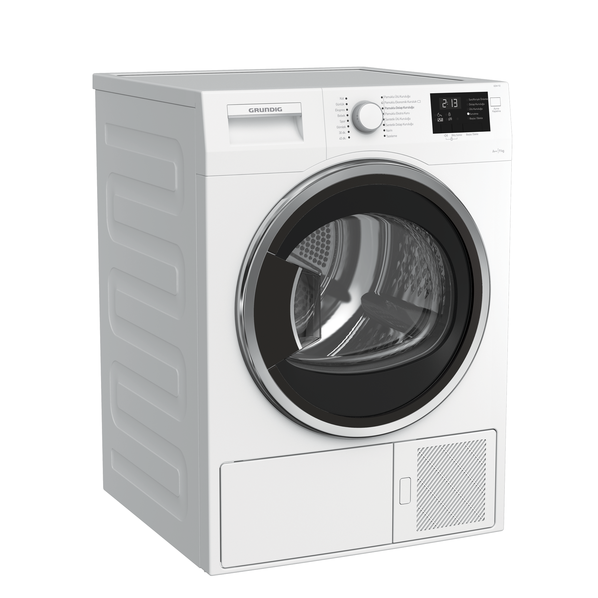 Beyaz Grundig çamaşır makinesi. Kapı ve kontrol paneli görülebilir.