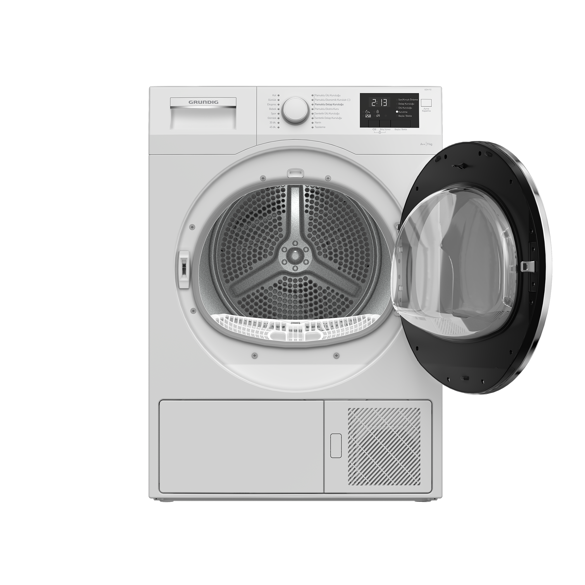 Açık kapılı beyaz Grundig kurutucu, tamburu gösteriyor. Siyah arka plan.