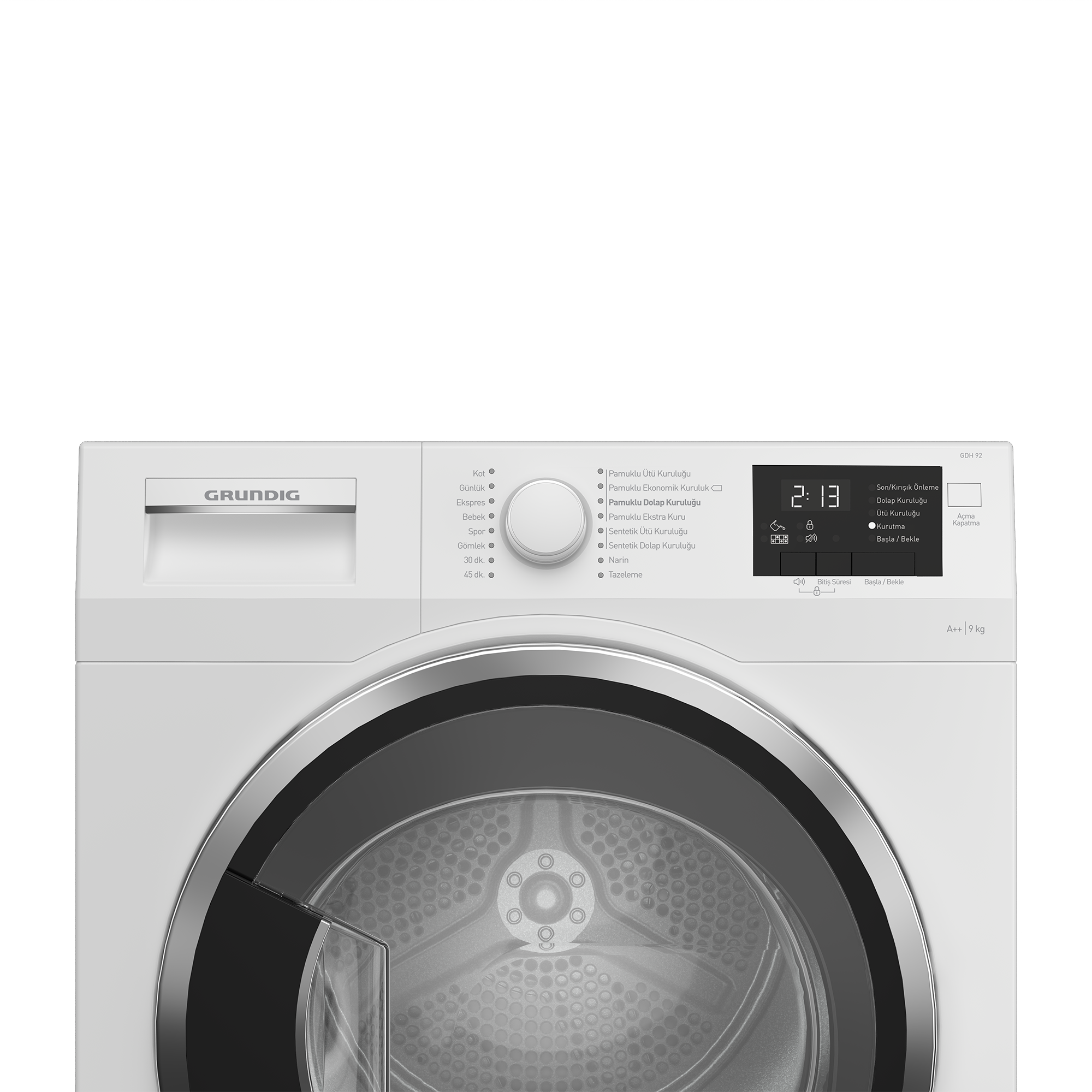 Beyaz Grundig kurutucu önden görünümü. Ekran zamanı gösteriyor. Dairesel kadran ve siyah kapı çerçevesi.