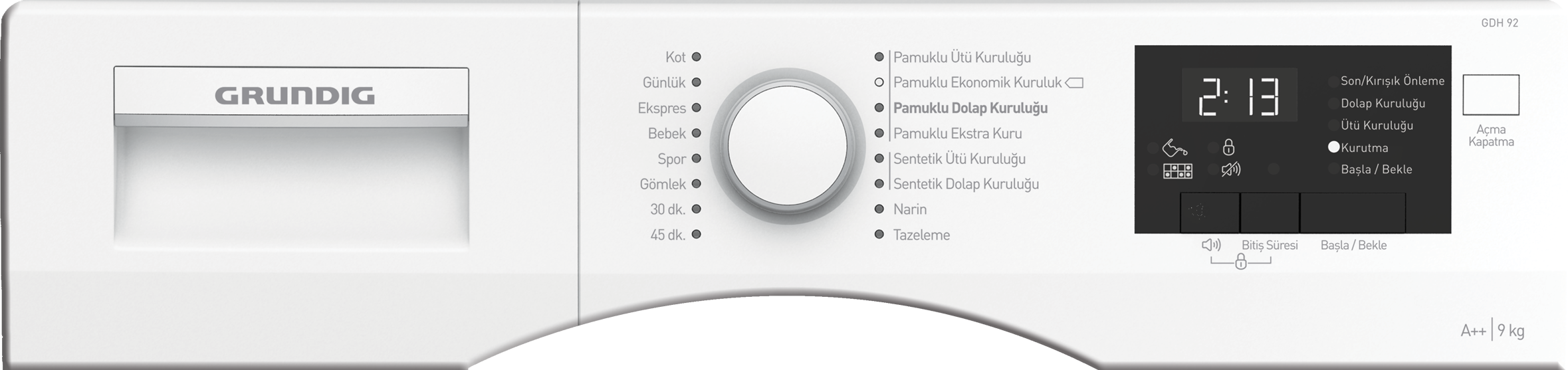 Grundig markalı beyaz bir çamaşır makinesi kontrol paneli. Düğmeler ve dijital ekran.